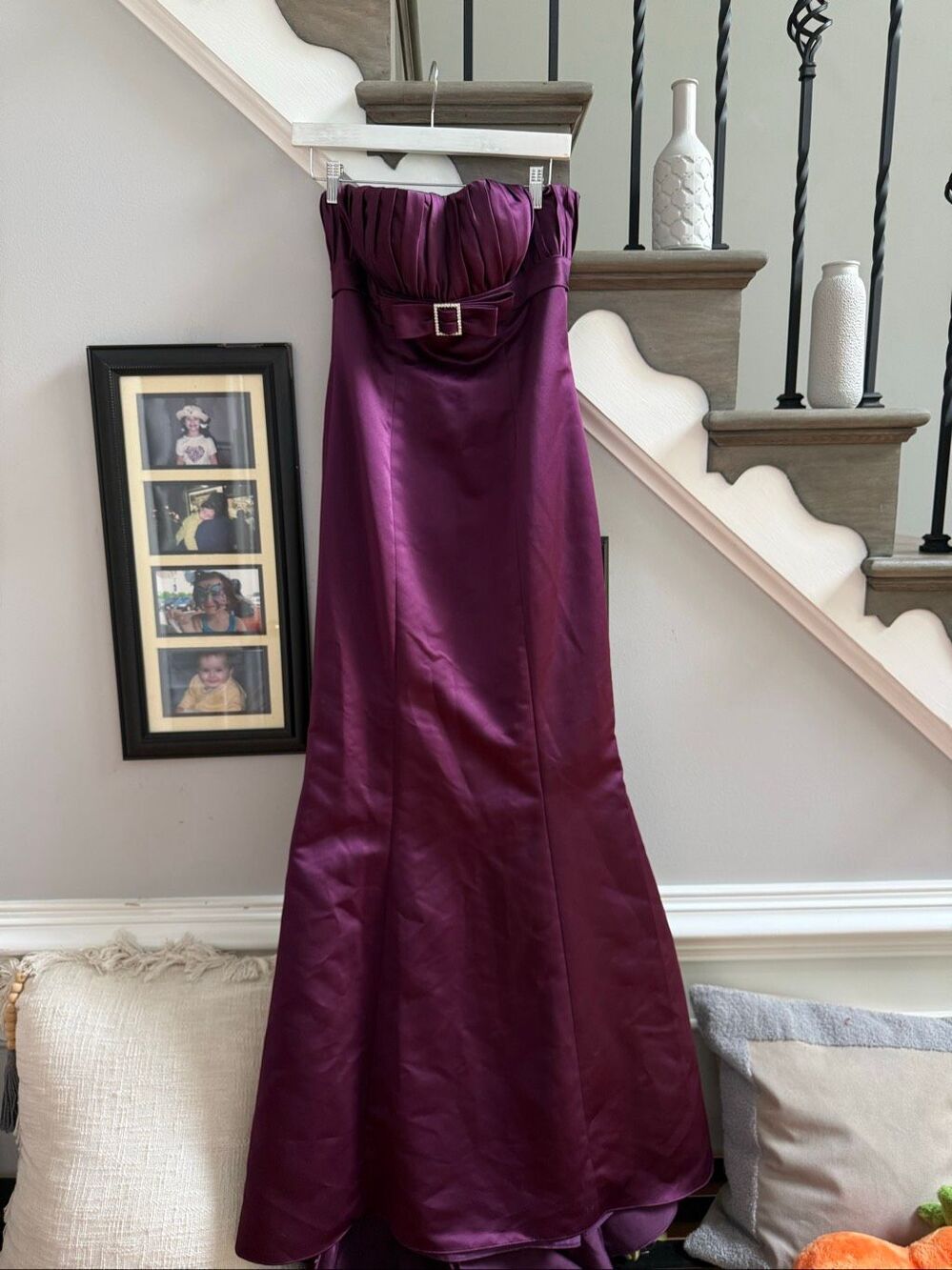 Bill Levkoff Deep Plum Fishtail Strapless Rhinestone Bow Gown Dress sz 6 EUC